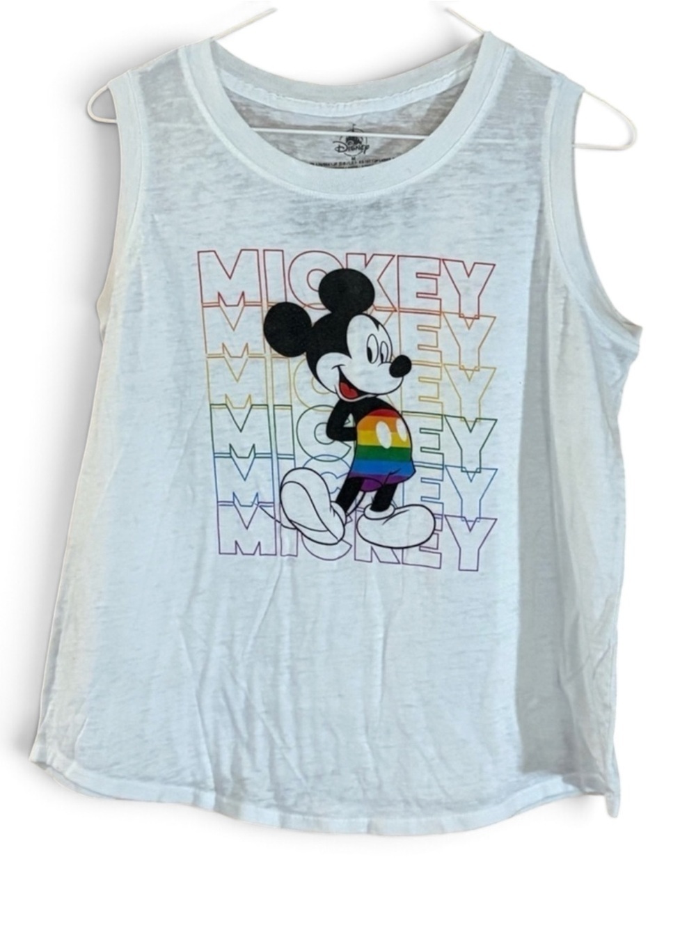 Disney White Muscle Tee with Rainbow Mickey Mouse